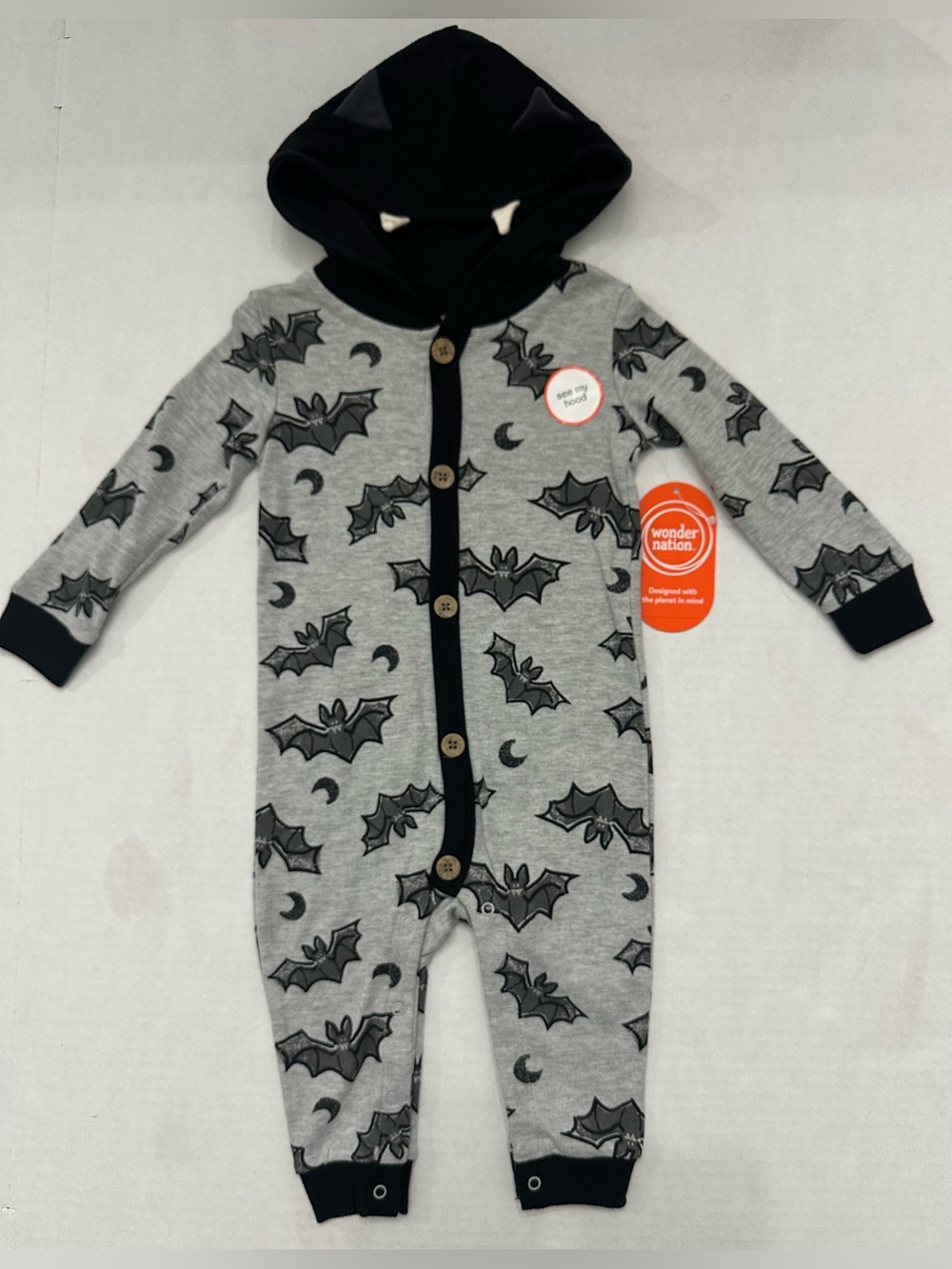 Wonder Nation Baby Unisex Halloween Grey with Bat Print Romper, Size 12 Months